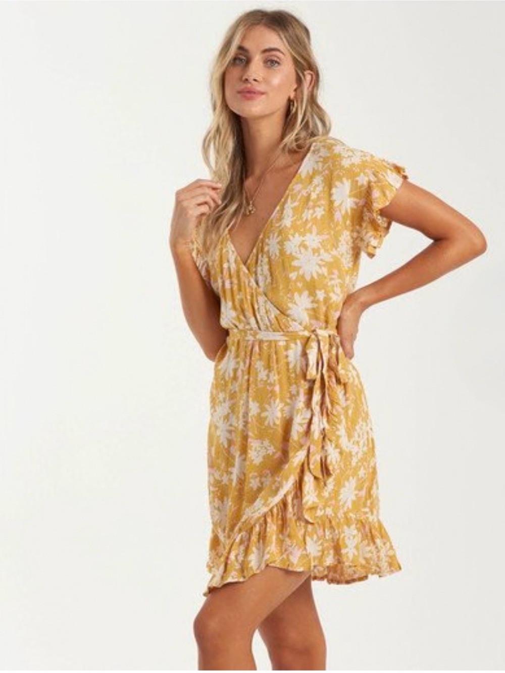 Billabong Wrap and Roll Dress Large Floral Print Ruffle Mini